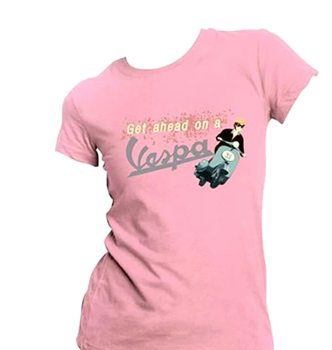 Vespa T-Shirt Donna colore rosa "Get ahead on a Vespe" - Tg. M